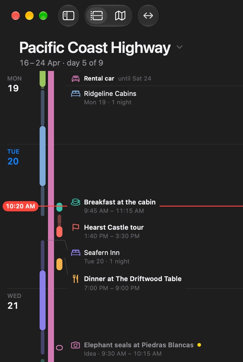 Timely Travel en un Mac: el viaje de arriba abajo en la ventana, del lunes 19 al miércoles 21 de abril, con Ahora a las 10:20 del martes, entre el desayuno en la cabaña y la visita a Hearst Castle, y la idea de Jamie del miércoles marcada