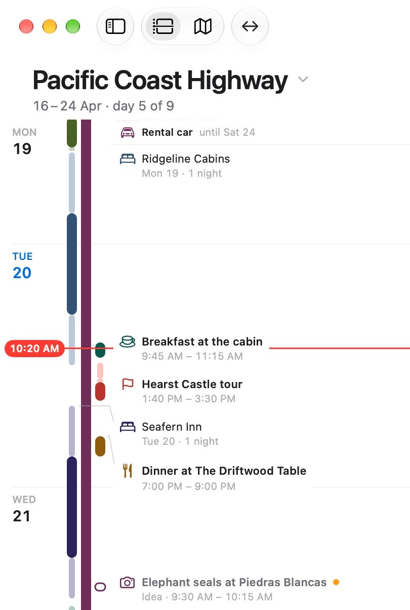Timely Travel en un Mac: el viaje de arriba abajo en la ventana, del lunes 19 al miércoles 21 de abril, con Ahora a las 10:20 del martes, entre el desayuno en la cabaña y la visita a Hearst Castle, y la idea de Jamie del miércoles marcada