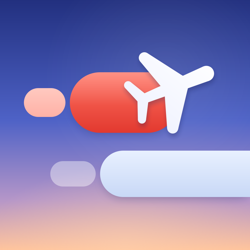 The Timely Travel app icon, light: a coral flight, a white plane and a pale-blue stay on a dusk sky