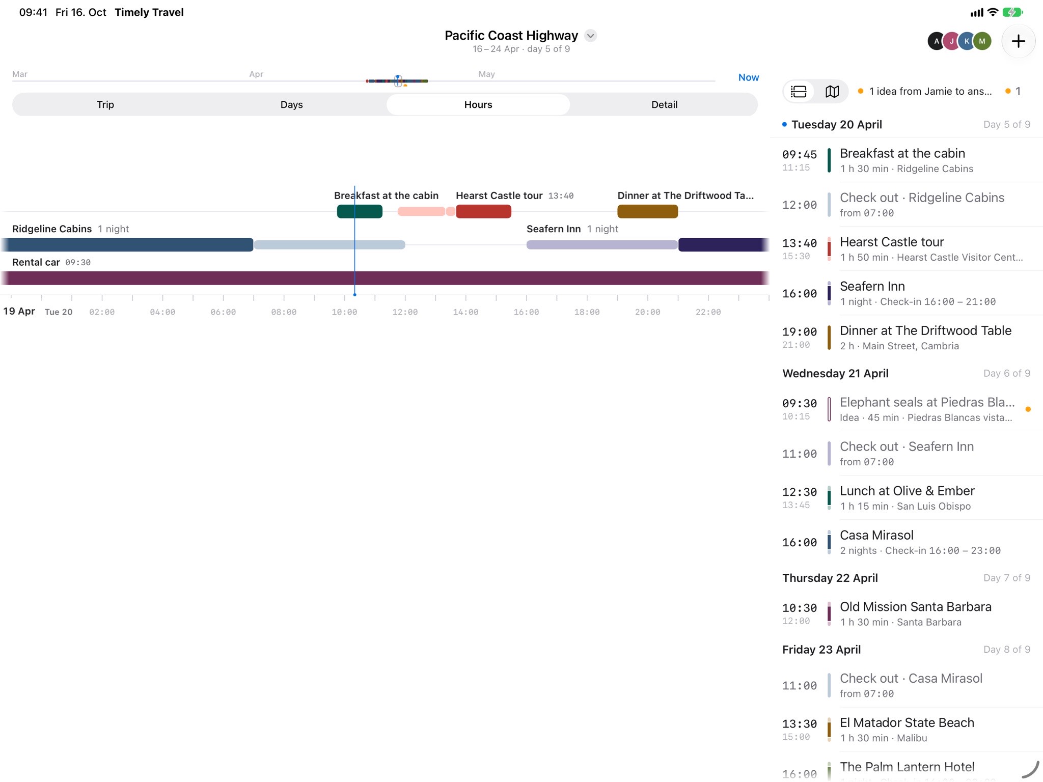 iPad: the example trip’s timeline across the screen, with the day-by-day list of plans beside it