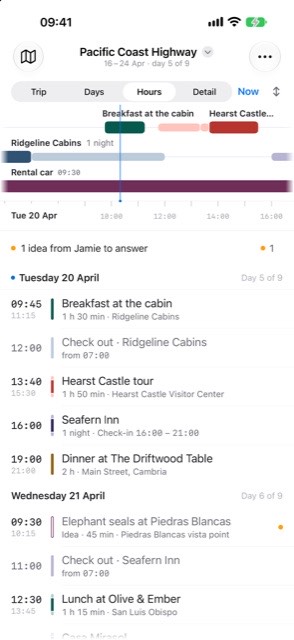 iPhone: the example trip’s timeline at the Hours zoom, with the day’s plans listed below it and when each one starts