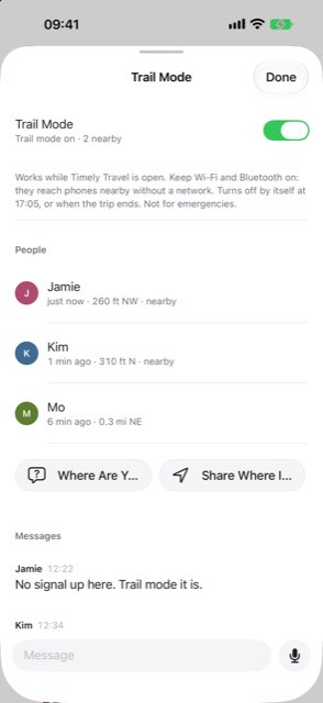 iPhone: Trail mode on, with three travel mates nearby, their distances, and messages sent without a network
