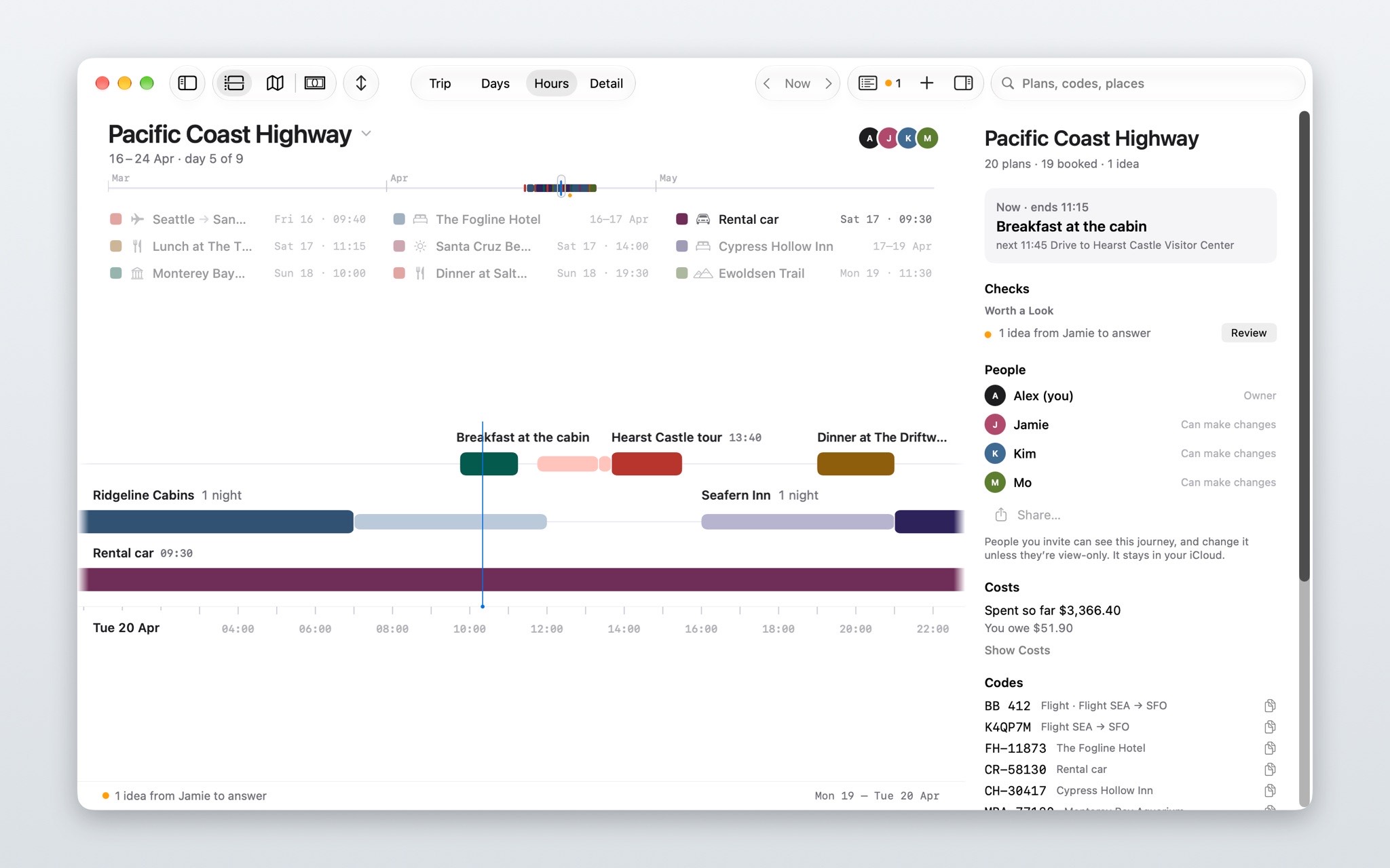 Mac: the example trip’s timeline in the window, with the journey’s checks, people, costs and booking codes in the sidebar